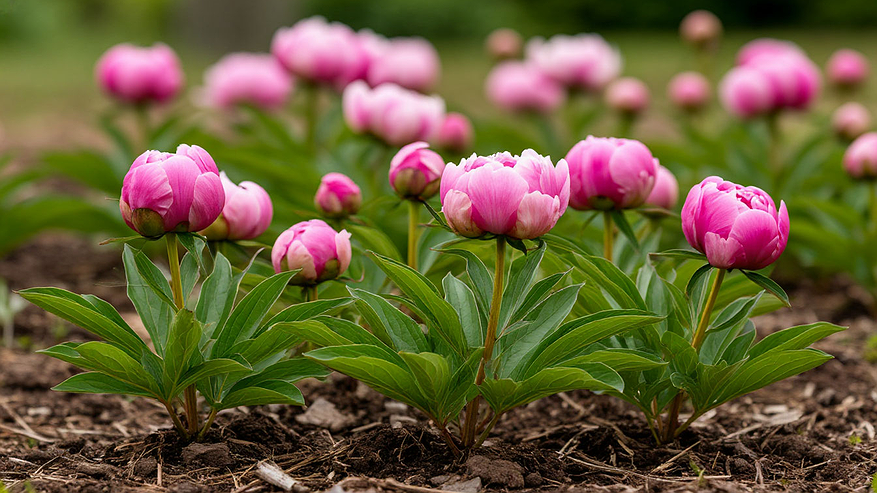 Главная картинка новости: При появлении ростков пионам — обязательно: 10 л под корень — и шары цветов размером с тыкву